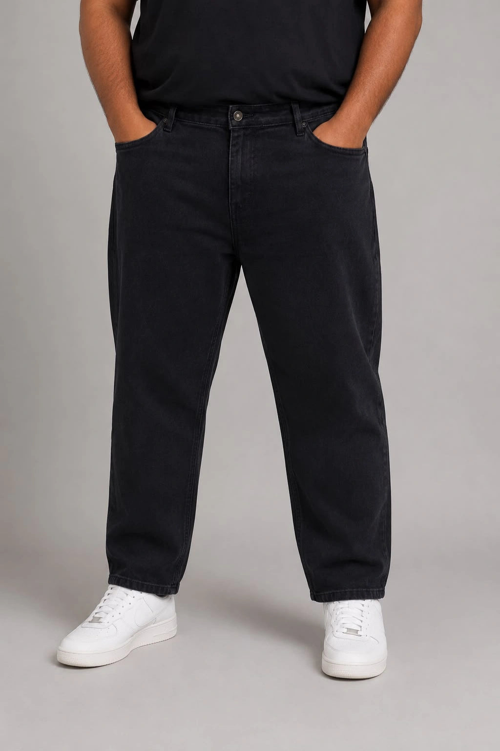 Black Fit Men's Mom Fit Jeans from TheBrandspot — high‑waist stretch denim in classic black shade, relaxed tapered fit with premium comfort and durable stitching; ideal for casual, office, and everyday wear.