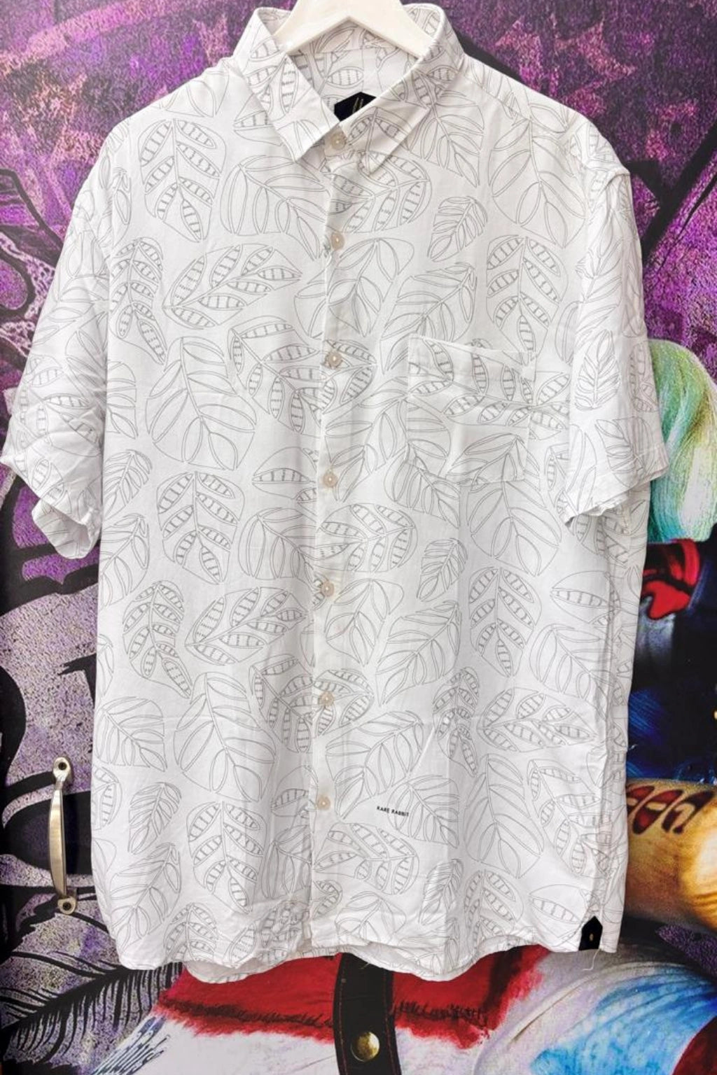 Cloud Grey Plus Size Rayon Printed Half Sleeve Shirt for Men from TheBrandspot — premium rayon fabric with subtle leaf print on light grey base, breathable and lightweight design for big and tall men (3XL–5XL); ideal for summer casual, holiday, and everyday wear.