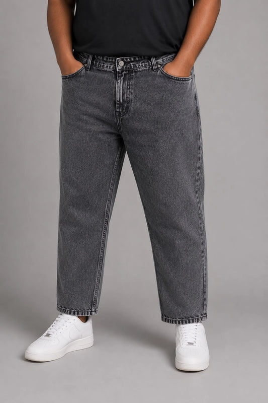 Graphite Men's Mom Fit Jeans from TheBrandspot — high‑waist stretch denim in dark‑gray shade, relaxed tapered fit with premium comfort and durable stitching; ideal for casual, office, and everyday wear.