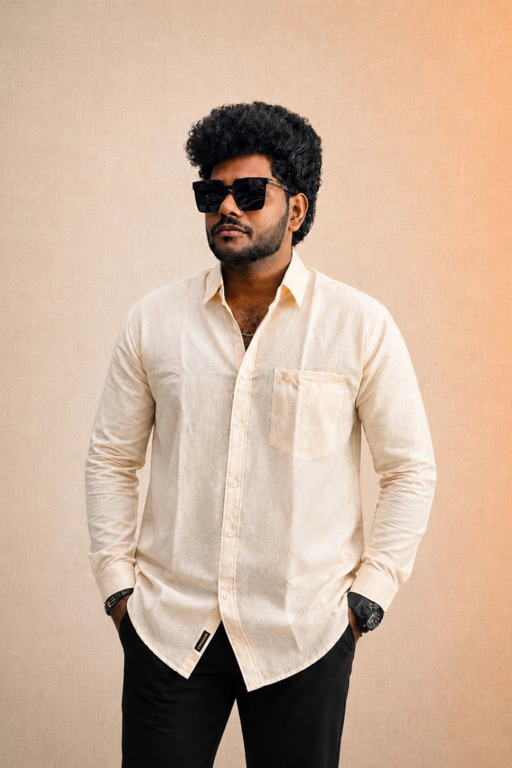 Men's light orange premium full sleeve linen shirt in plus sizes 3XL to 7XL by TheBrandSpot