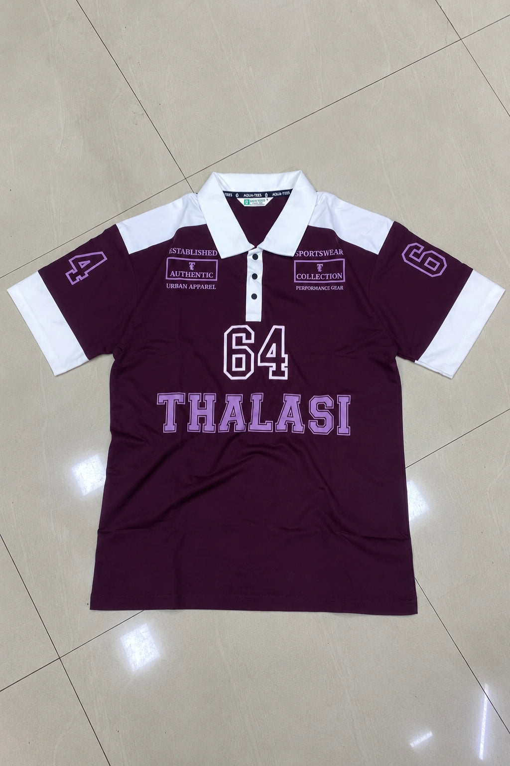 Men's graphic printed fake cotton polo t-shirt in gothic violet wine maroon and white with thalasi 64 print by The Brand Spot
