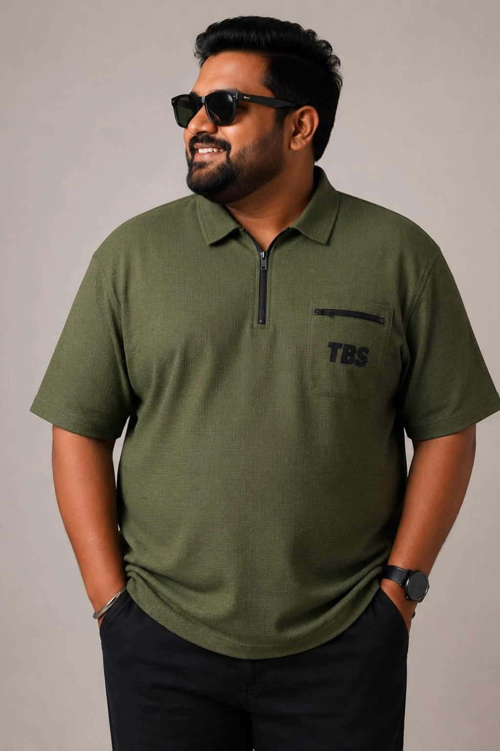 Green oversized zipper polo t-shirt for men with quarter zip collar and chest pocket in sizes 3XL to 7XL by TheBrandSpot