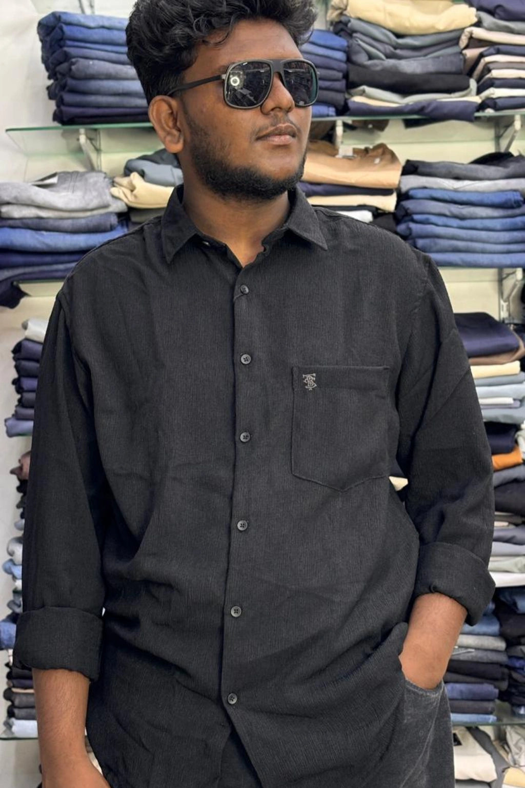 Man wearing steel black men's plus size korean crush fabric full sleeve casual shirt with chest pocket in sizes 3XL to 7XL by TheBrandSpot