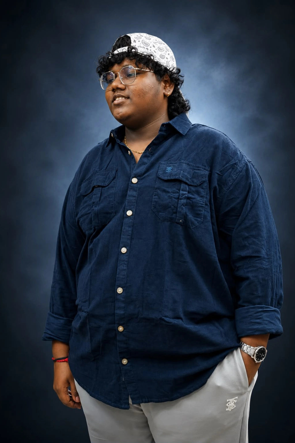 Twilight indigo blue plus size corduroy shirt for men featuring double chest pockets and long sleeves in sizes 3XL to 7XL by TheBrandSpot