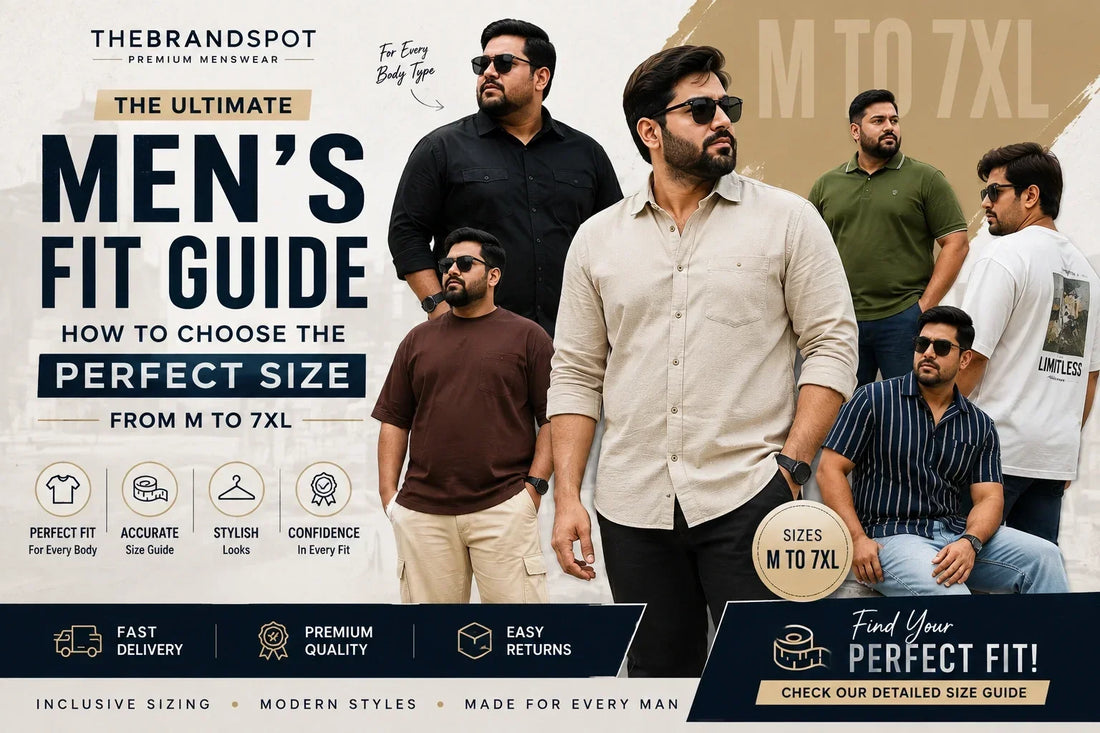 Men's size and fit guide from M to 7XL featuring casual and formal shirts by TheBrandSpot