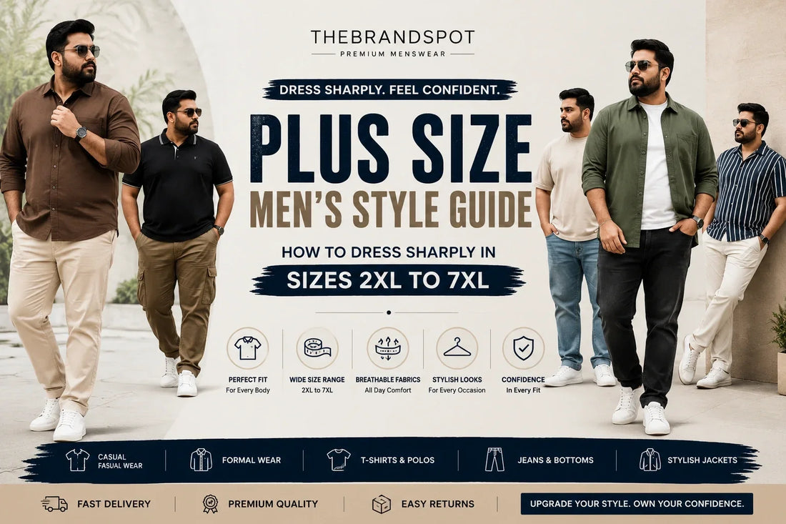 Plus size men fashion guide featuring 2XL to 7XL shirts and trousers by TheBrandSpot