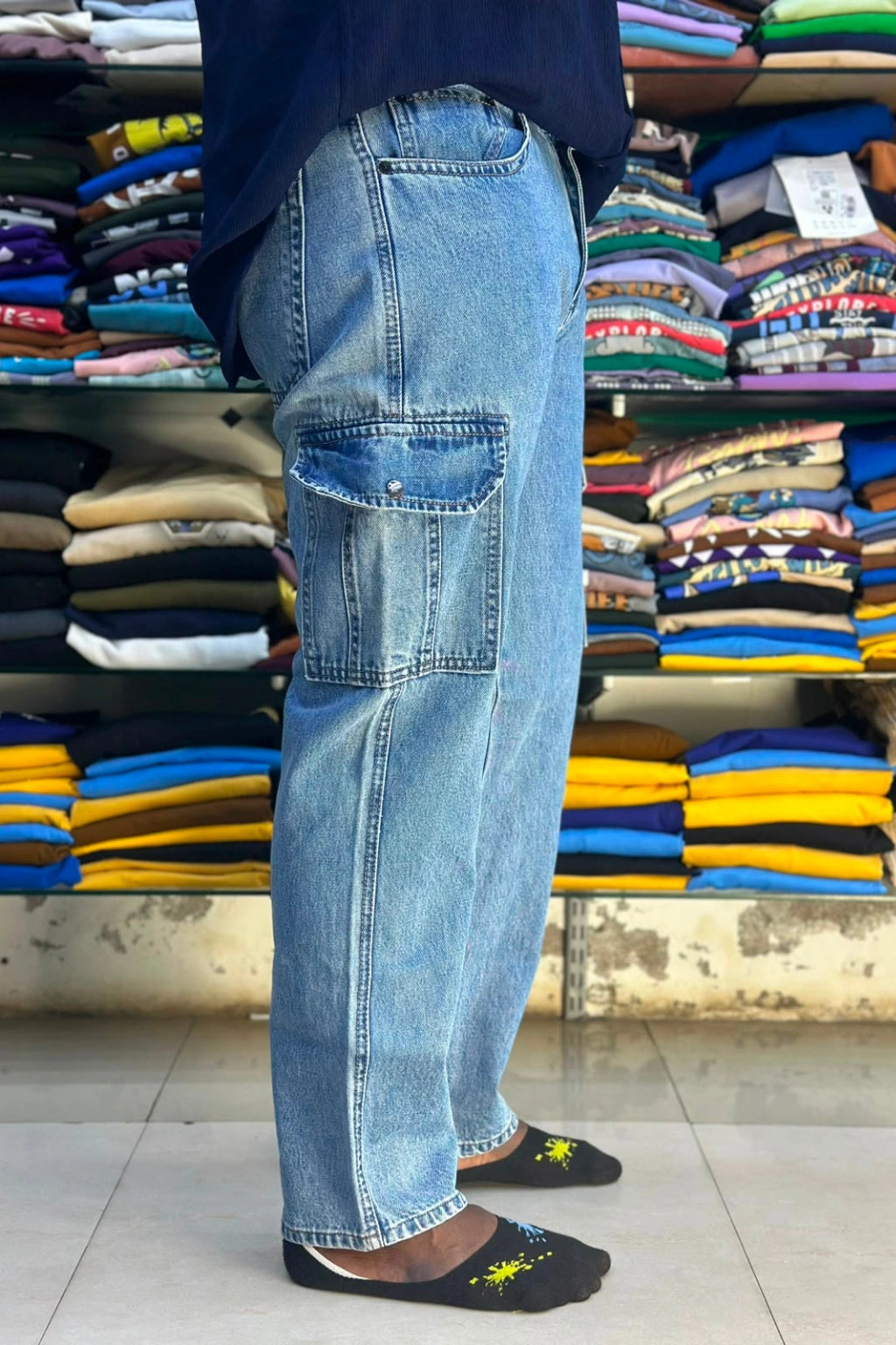 ShopTheBrandSpot plus size mid blue 6 pocket cargo jeans for men side view showing spacious thigh patch pockets, premium denim fabric, straight‑leg fit, and rugged casual style ideal for everyday comfort and streetwear fashion.