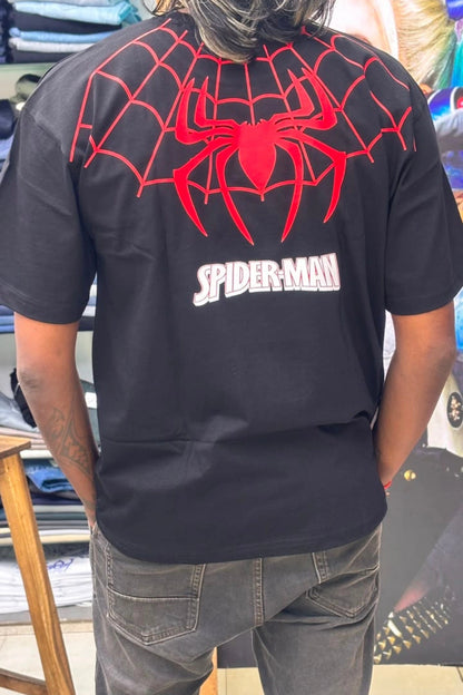 Back view of Black Spiderman printed oversized t-shirt for men, featuring large red spider web graphic and white Spiderman logo on the upper back, plus sizes 3XL