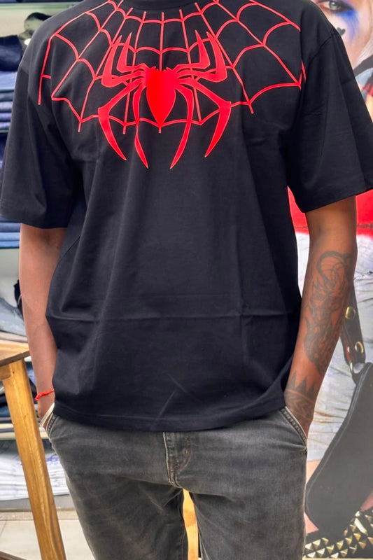 Black Spiderman printed oversized t-shirt for men with red spider graphic print in plus sizes 3XL, 2XL, XL by TheBrandSpot