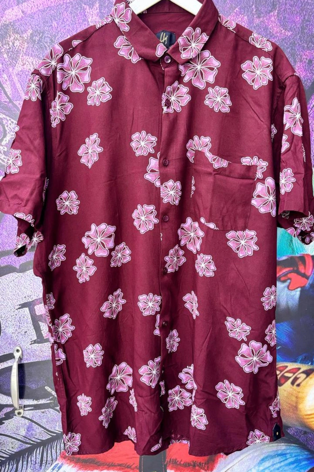 Brown Chocolate Plus Size Rayon Printed Half Sleeve Shirt for Men from TheBrandspot — premium rayon fabric with pink floral print on rich maroon‑brown base, breathable and lightweight design for big and tall men (3XL–5XL); ideal for summer casual, holiday, and everyday wear.