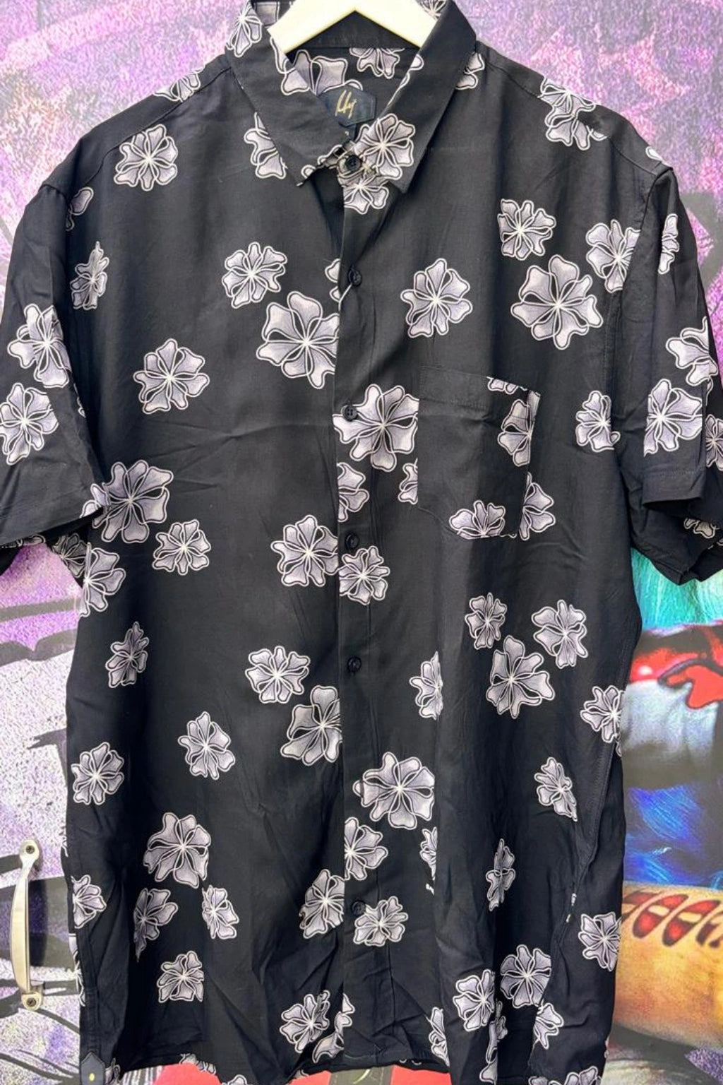 Cosmic Grey Plus Size Rayon Printed Half Sleeve Shirt for Men from TheBrandspot — premium rayon fabric with white floral print on dark grey base, breathable and lightweight design for big and tall men (3XL–5XL); ideal for summer casual, holiday, and everyday wear.