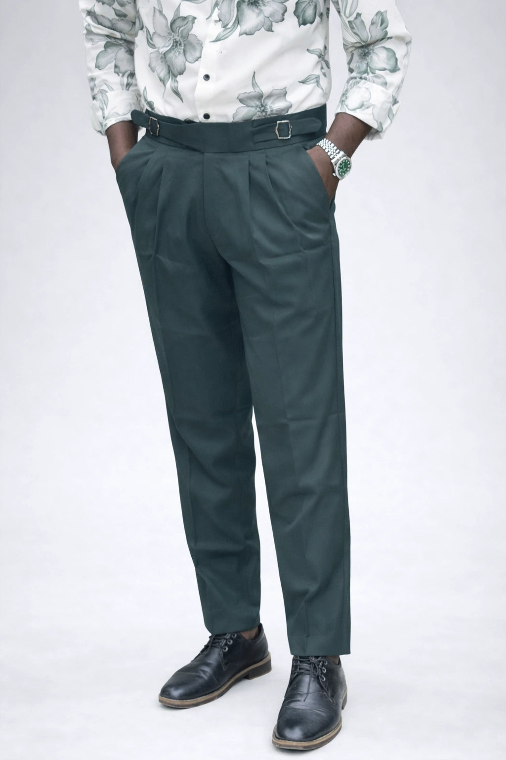 Men's emerald green Gurkha 27 high-waisted formal trousers with double buckle waistband in sizes 30 to 36 by TheBrandSpot