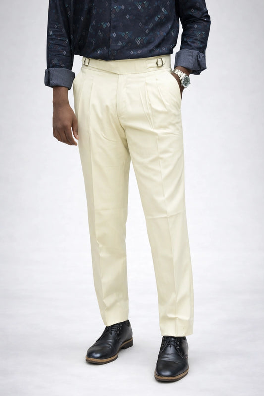 Men's ivory cream Gurkha 27 high-waisted formal trousers with double buckle waistband in sizes 30 to 36 by TheBrandSpot