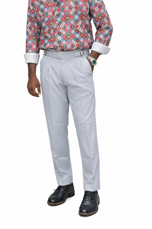 Men's light grey Gurkha 27 high-waisted formal trousers with double buckle waistband in sizes 30 to 36 by TheBrandSpot