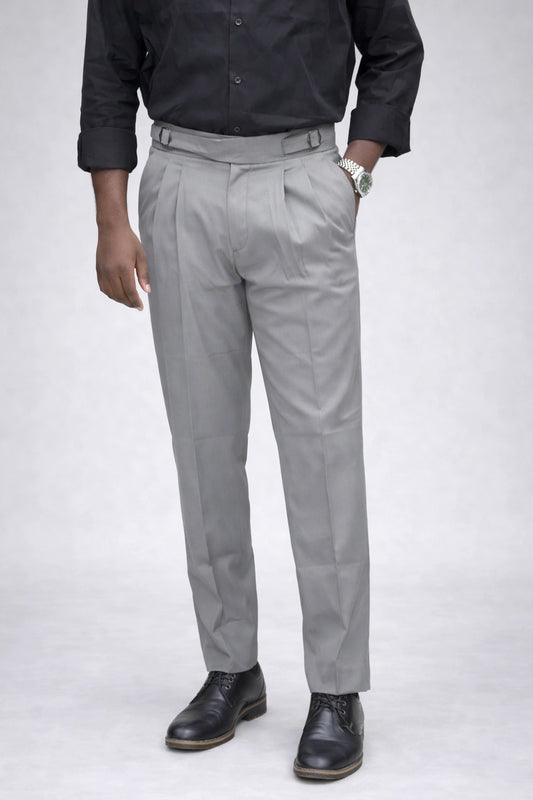 Men's slate grey Gurkha 27 high-waisted formal trousers with double buckle waistband in sizes 30 to 36 by TheBrandSpot