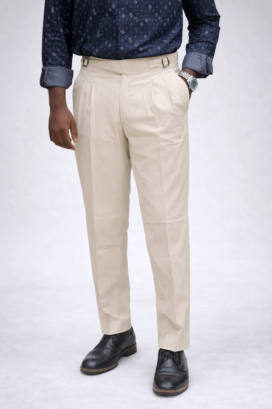 Men's vintage khaki Gurkha 27 high-waisted formal trousers with double buckle waistband in sizes 30 to 36 by TheBrandSpot