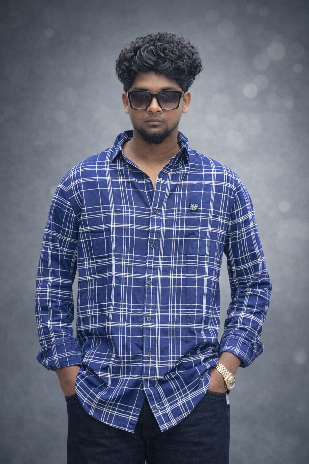 Men's J.D. Line blue in checkered casual shirt with windowpane pattern in sizes M to 2XL by TheBrandSpot