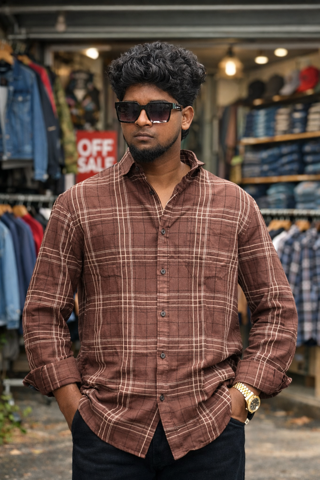 Men's J.D. Line morrochio brown checkered casual shirt with windowpane pattern in sizes M to 2XL by TheBrandSpot