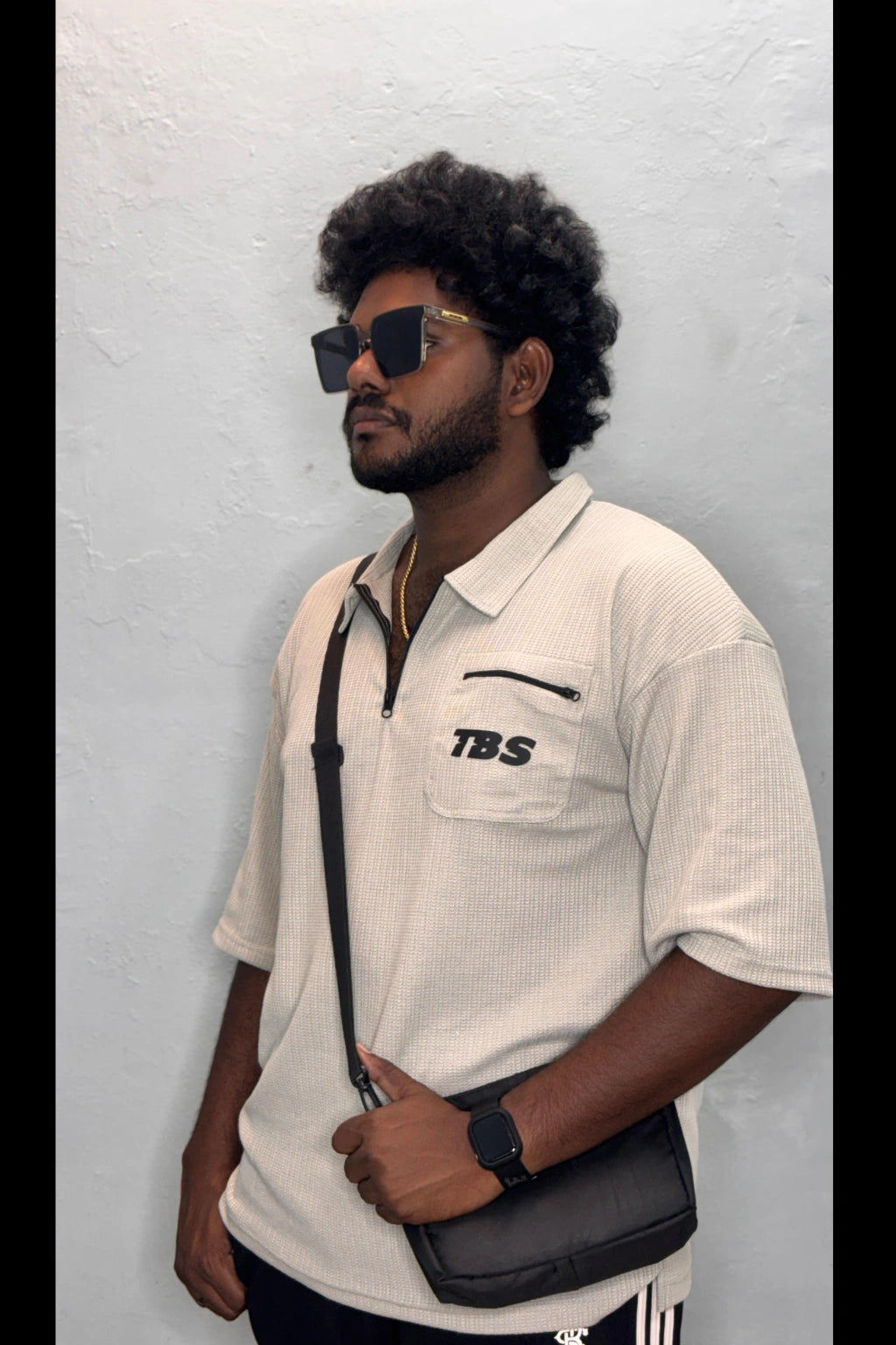 Side view of moon rose Korean down shoulder oversized polo t-shirt for men showing relaxed fit sleeve detail in sizes 3XL to 7XL by TheBrandSpot