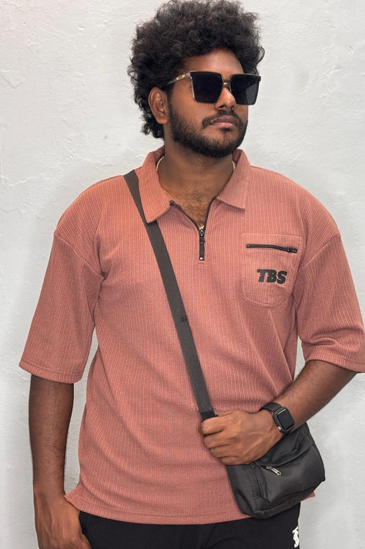 Rusty pink Korean down shoulder oversized polo t-shirt for men with quarter zip collar in sizes 3XL to 7XL by TheBrandSpot
