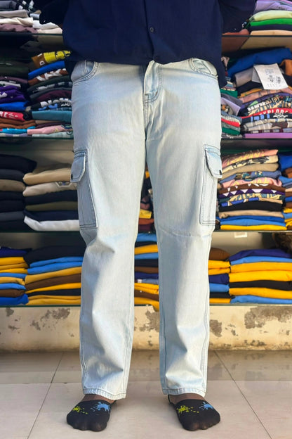 Men's ice blue 6 pocket cargo jeans in premium denim fabric with straight leg fit and utility side pockets in sizes 38 and 40 by TheBrandSpot