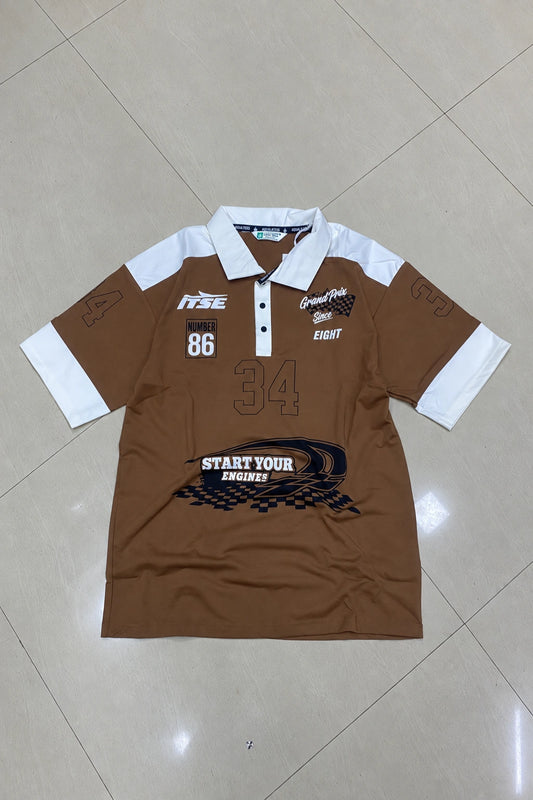 Men's graphic printed fake cotton polo t-shirt in cocoa taupe brown and white with racing print by The Brand Spot