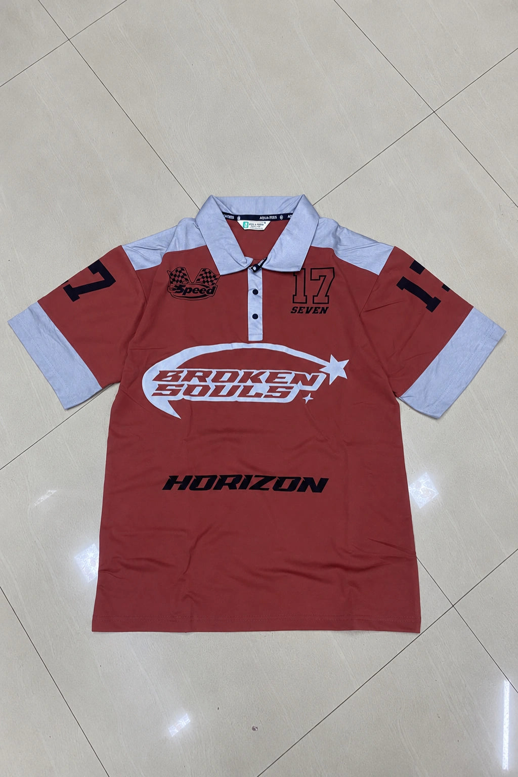 Men's graphic printed fake cotton polo t-shirt in deep brick red and light grey with broken souls print by The Brand Spot