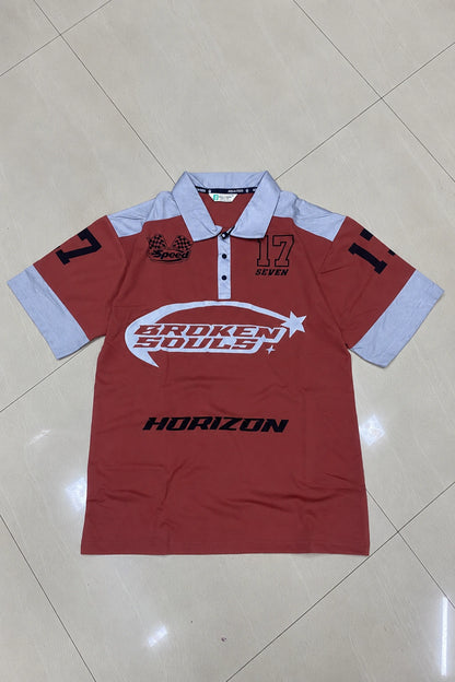 Men's graphic printed fake cotton polo t-shirt in deep brick red and light grey with broken souls print by The Brand Spot