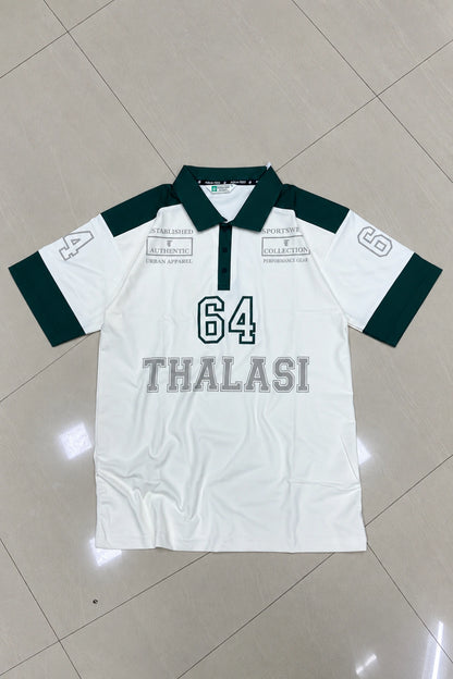 Men's graphic printed fake cotton polo t-shirt in off-white and dark green with thalasi 64 print by The Brand Spot