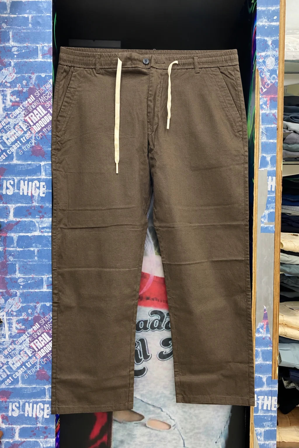 Men's linen baggy pants with drawstring in Brown Derby color variant by The Brand Spot