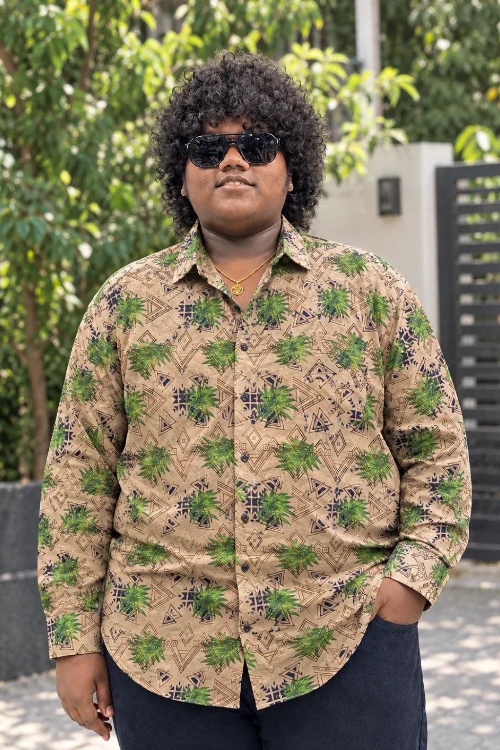 Men's magic printed casual shirt in Khaki Olive color variant worn by model by The Brand Spot