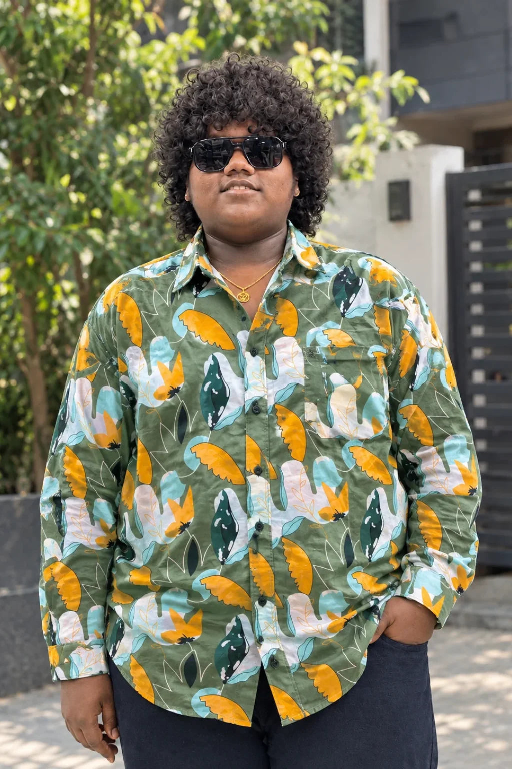 Men's magic printed casual shirt in Military Green color variant worn by model by The Brand Spot