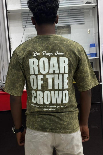 Back view of men's olive beige oversized cotton t-shirt with ROAR OF THE CROWD print in sizes M to XL by TheBrandSpot