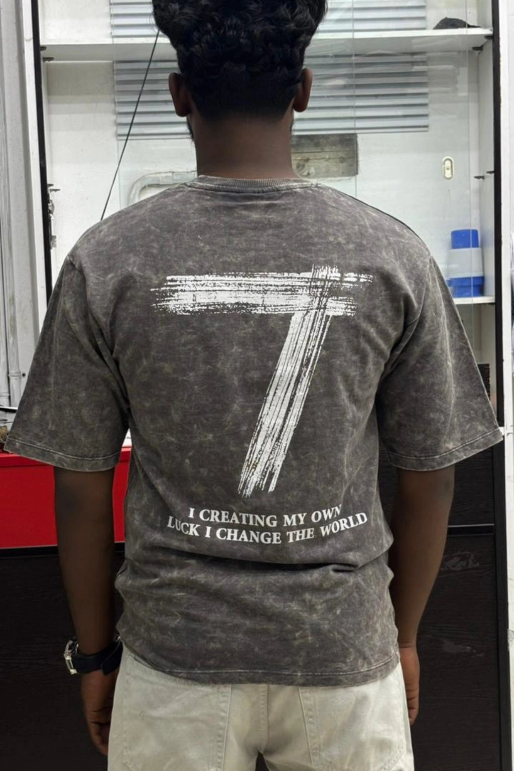 Back view of men's wood ash oversized cotton t-shirt with number 7 graphic print in sizes M to XL by TheBrandSpot
