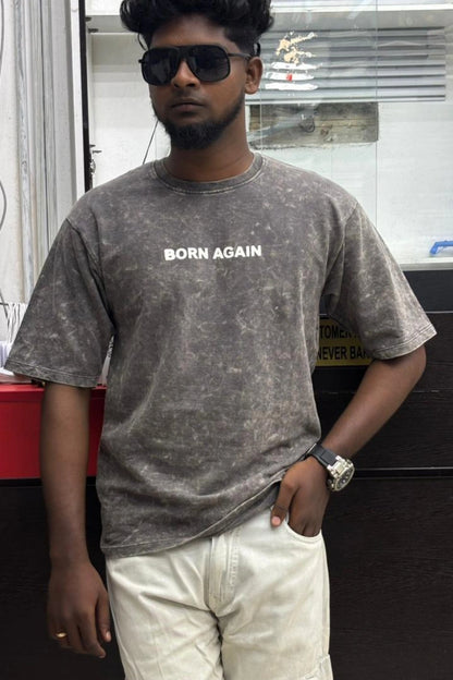 Men's wood ash oversized cotton t-shirt with BORN AGAIN chest print in sizes M to XL by TheBrandSpot