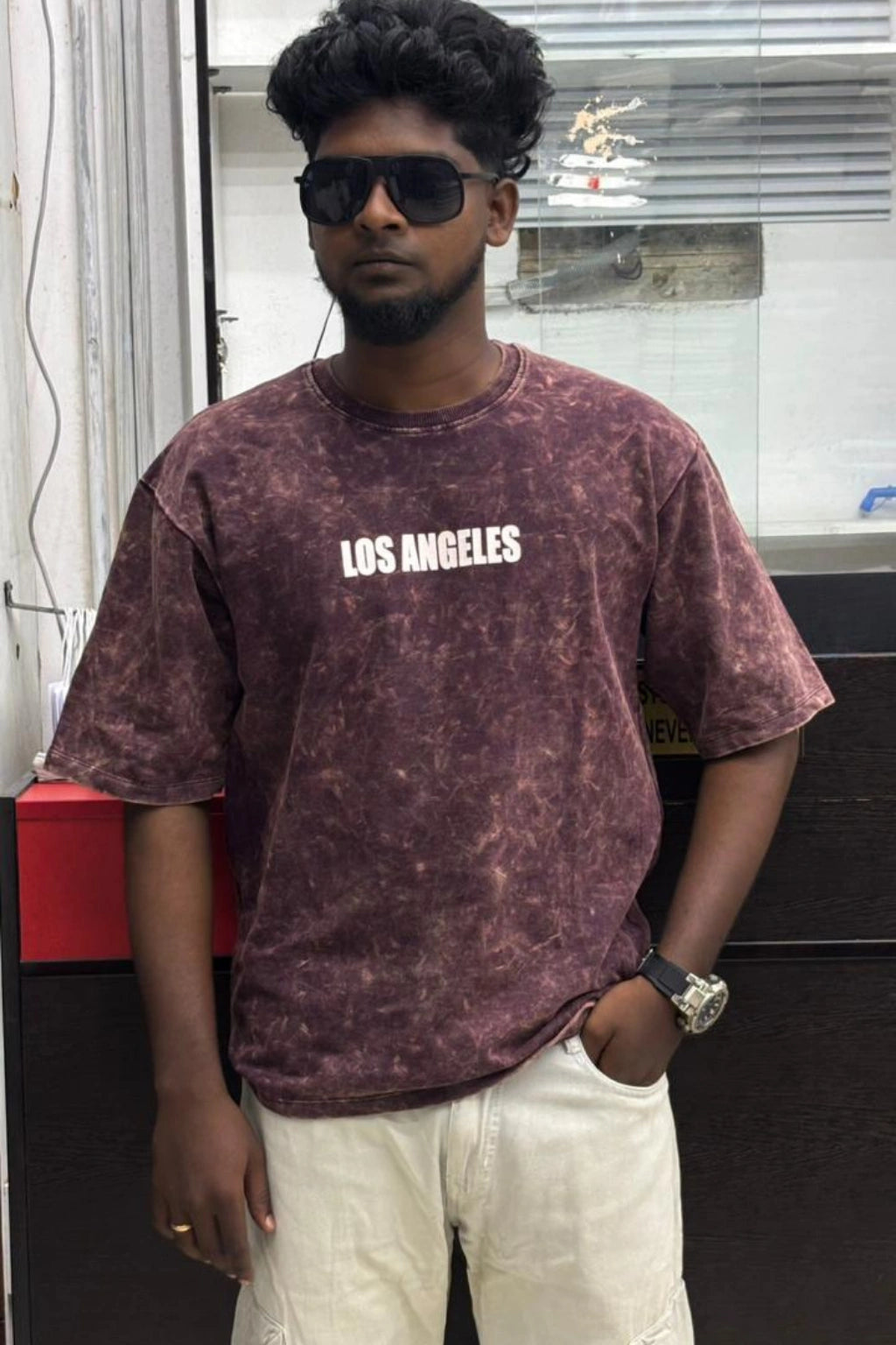 Men's wood bark oversized cotton t-shirt with LOS ANGELES chest print in sizes M to XL by TheBrandSpot