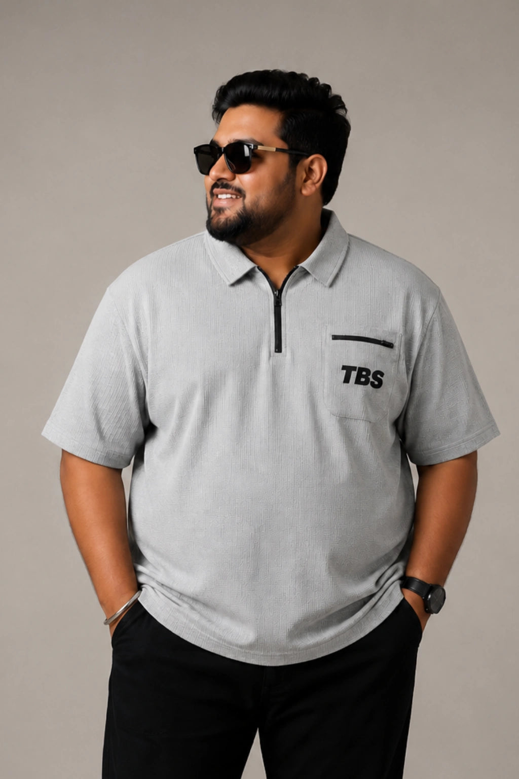 Ash grey oversized zipper polo t-shirt for men with quarter zip collar and chest pocket in sizes 3XL to 7XL by TheBrandSpot