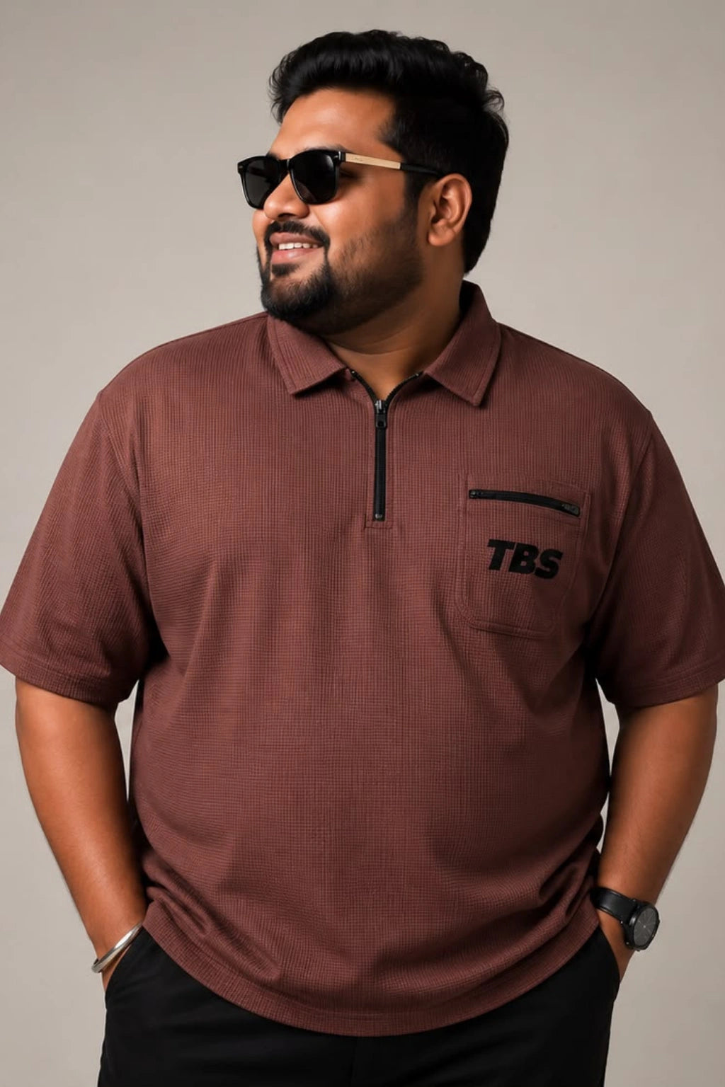 Bronze brown oversized zipper polo t-shirt for men with quarter zip collar and chest pocket in sizes 3XL to 7XL by TheBrandSpot