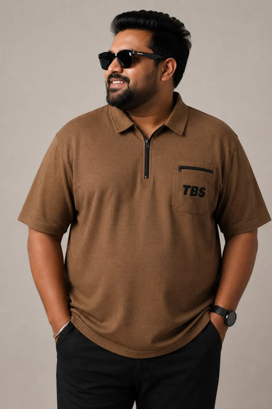 Chocolate brown oversized zipper polo t-shirt for men with quarter zip collar and chest pocket in sizes 3XL to 7XL by TheBrandSpot