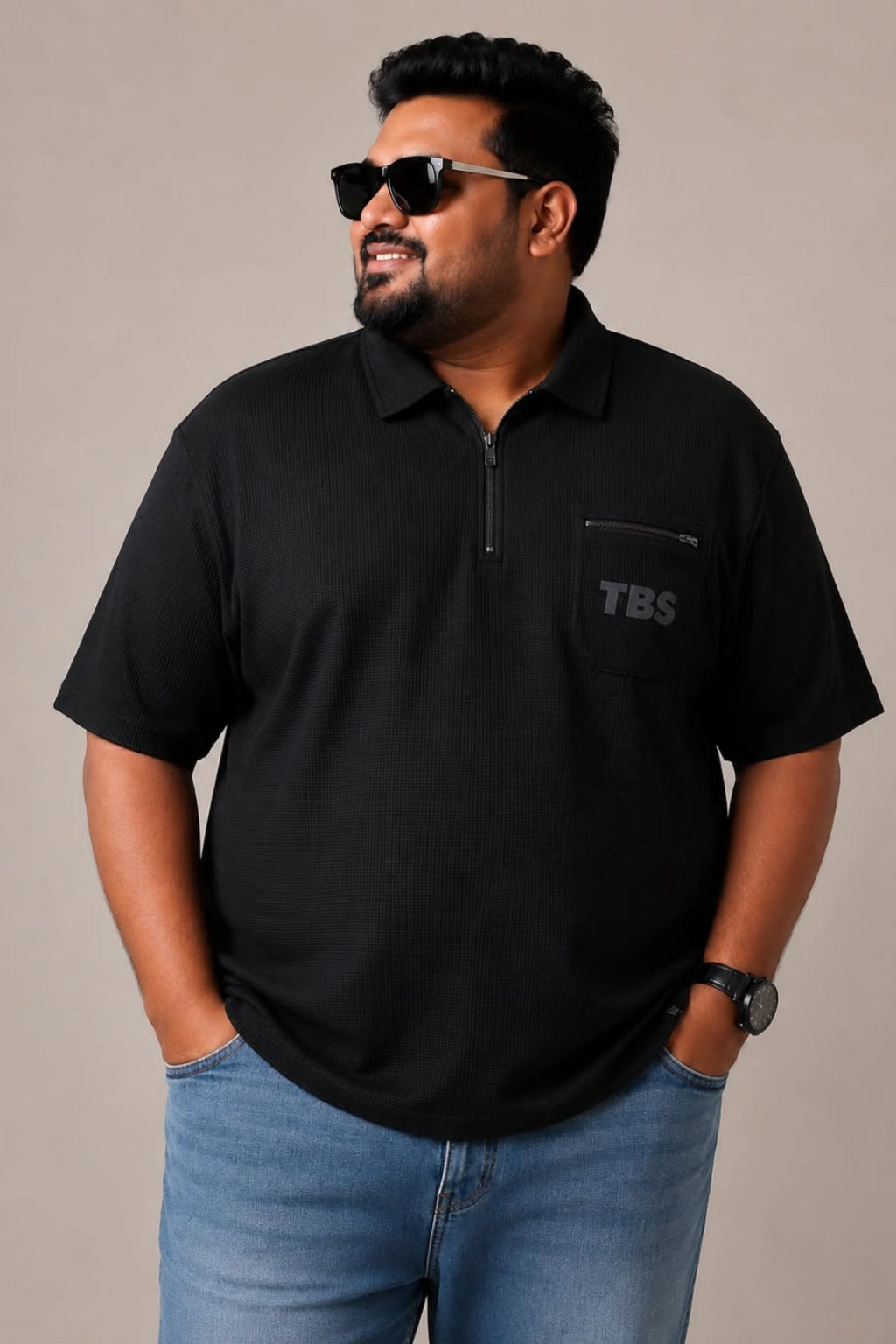 Graphite black oversized zipper polo t-shirt for men with quarter zip collar and chest pocket in sizes 3XL to 7XL by TheBrandSpot