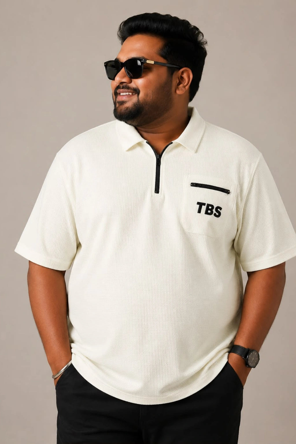White oversized zipper polo t-shirt for men with quarter zip collar and chest pocket in sizes 3XL to 7XL by TheBrandSpot