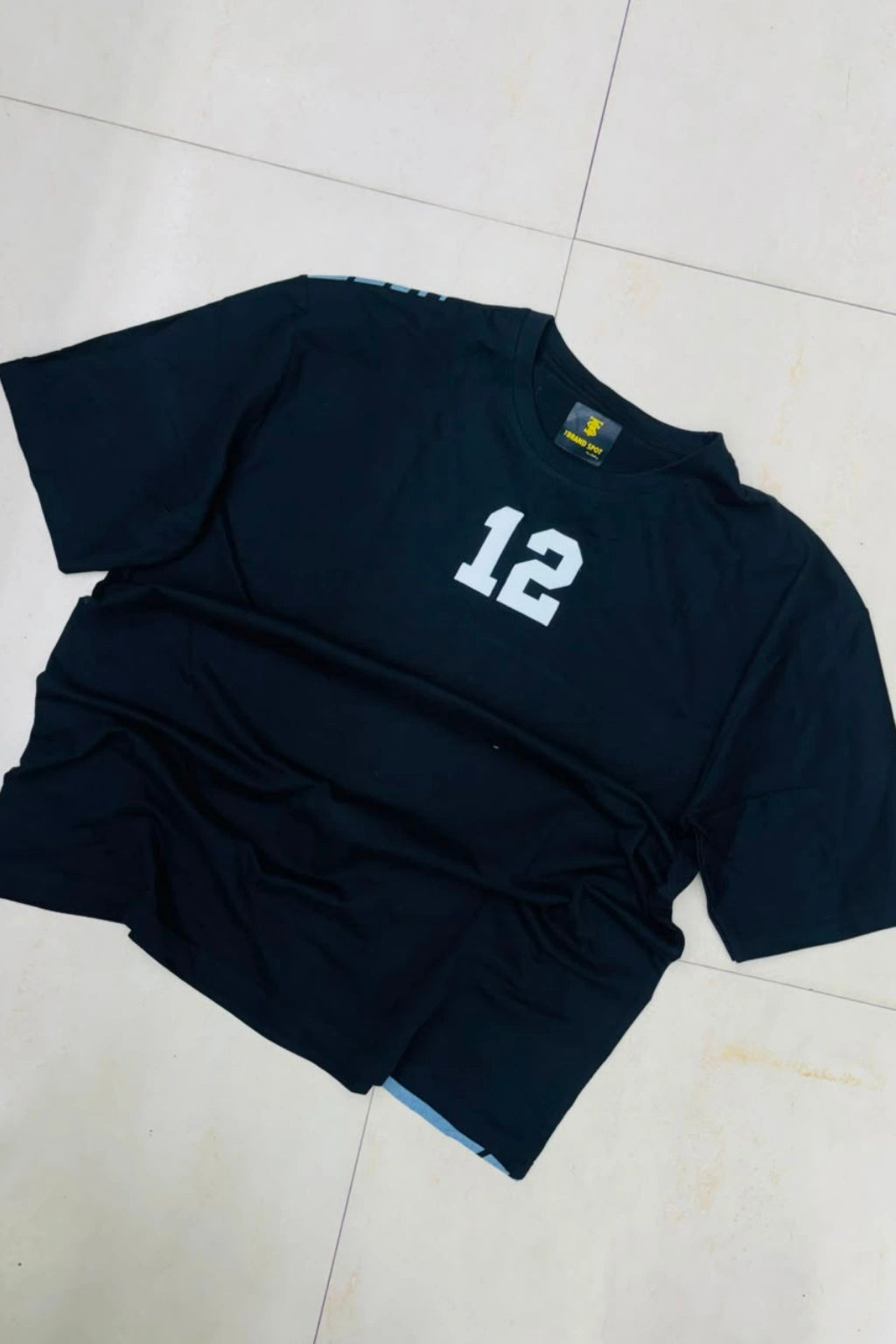 Front view of men's dark indigo plus size t-shirt with number 12 chest graphic print in sizes 3XL to 8XL by TheBrandSpot