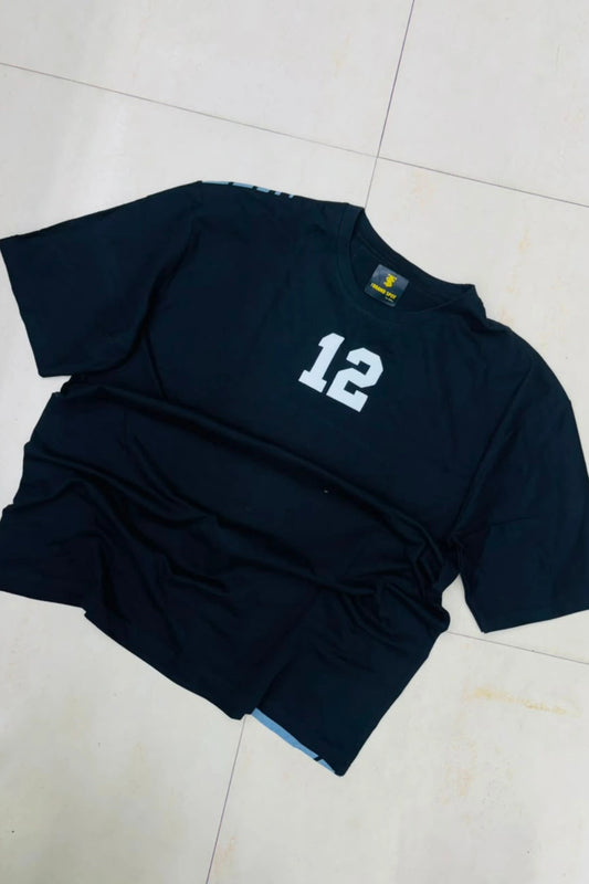 Front view of men's dark indigo plus size t-shirt with number 12 chest graphic print in sizes 3XL to 8XL by TheBrandSpot