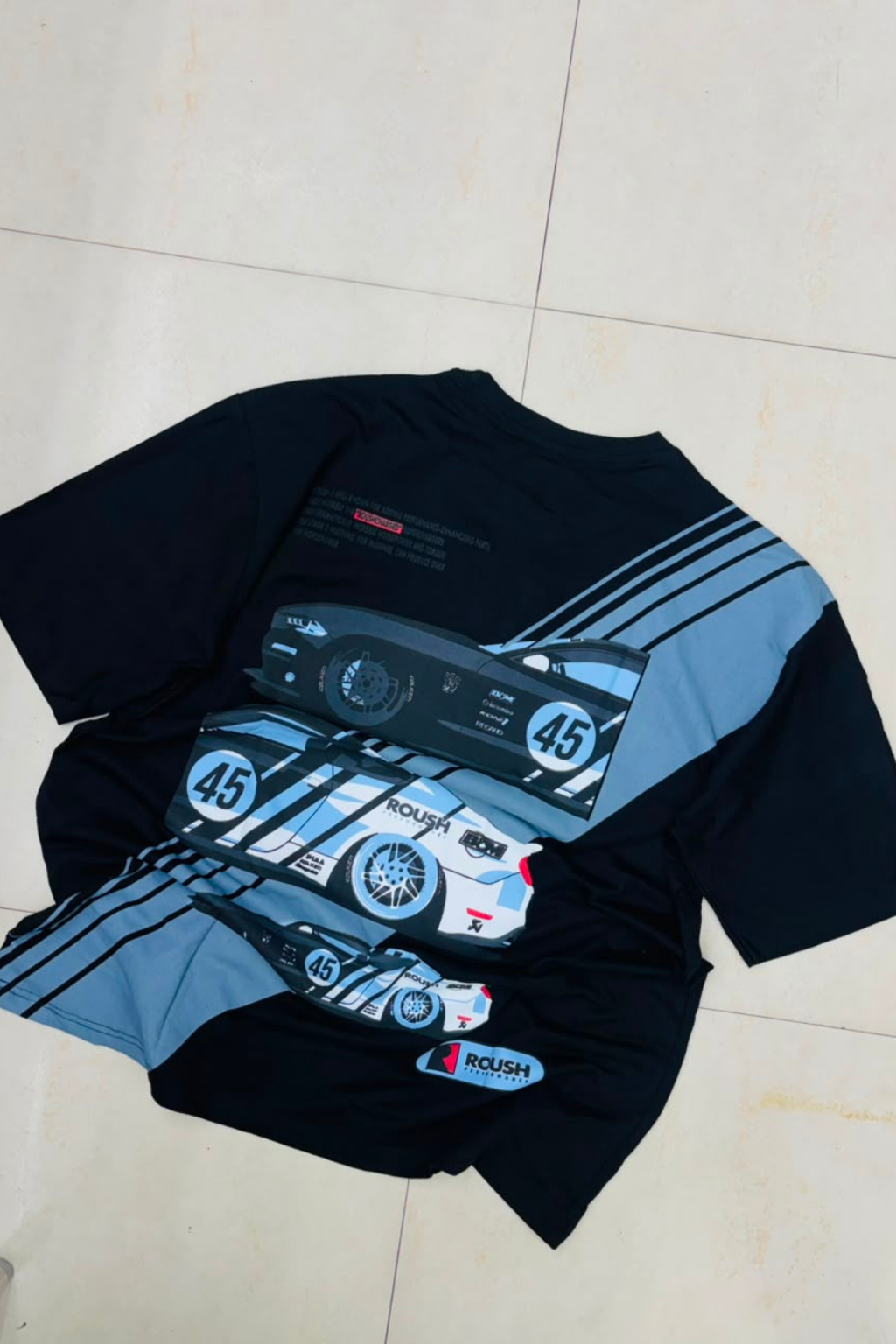 Back view of men's dark indigo plus size t-shirt featuring race car graphic artwork print with racing stripes in sizes 3XL to 8XL by TheBrandSpot