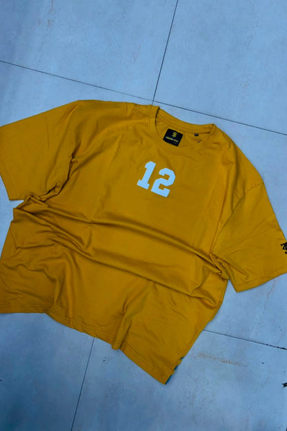 Front view of men's honey brown plus size t-shirt with number 12 chest graphic print in sizes 3XL to 8XL by TheBrandSpot