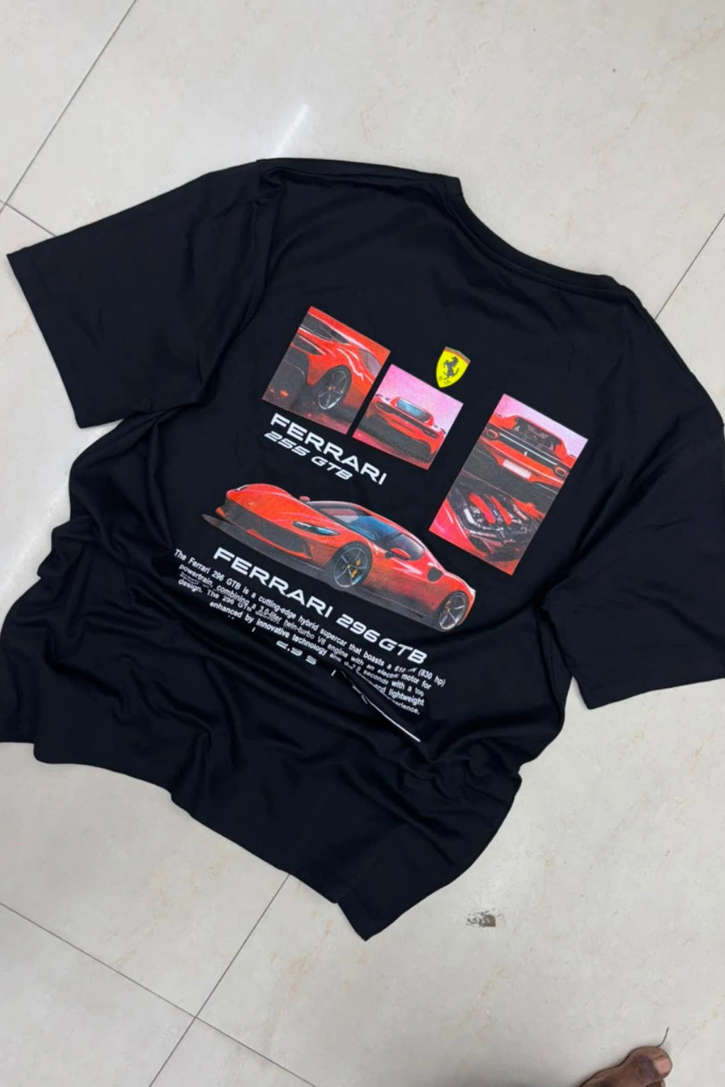 Back view of men's midnight blue plus size t-shirt featuring red Ferrari 296 GTB graphic artwork print in sizes 3XL to 6XL by TheBrandSpot