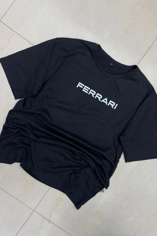 Front view of men's midnight blue plus size t-shirt featuring FERRARI chest text print in sizes 3XL to 6XL by TheBrandSpot