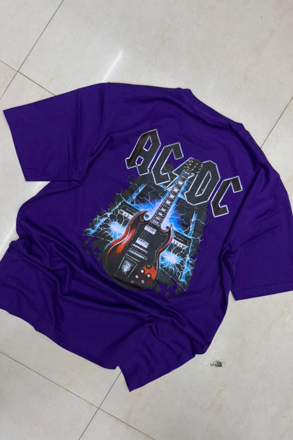 Back view of men's night fog purple plus size t-shirt featuring ACDC electric guitar and lightning graphic artwork print in sizes 3XL to 6XL by TheBrandSpot