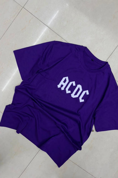 Front view of men's night fog purple plus size t-shirt featuring ACDC chest text print in sizes 3XL to 6XL by TheBrandSpot