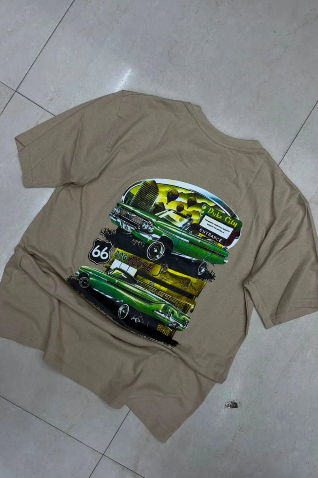 Back view of men's olive grey plus size t-shirt featuring green Race Club vintage car graphic artwork print in sizes 3XL to 6XL by TheBrandSpot